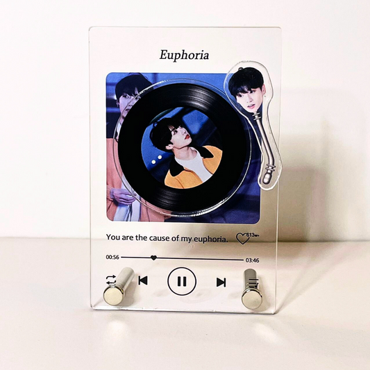 Acrylic display featuring the song 'Euphoria' with a record design and an image of BTS Jungkook, with the text 'You are the cause of my euphoria' and playback buttons.