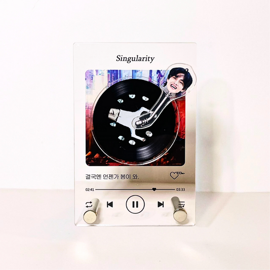 Acrylic display of BTS member V Taehyung themed after the song 'Singularity', with vinyl record design and interactive play buttons