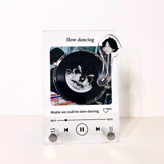 This acrylic display captures BTS V's 'Slow Dancing' theme with Taehyung's silhouette against the record's center. It's a charming showcase for fans, merging utility with the essence of BTS's music